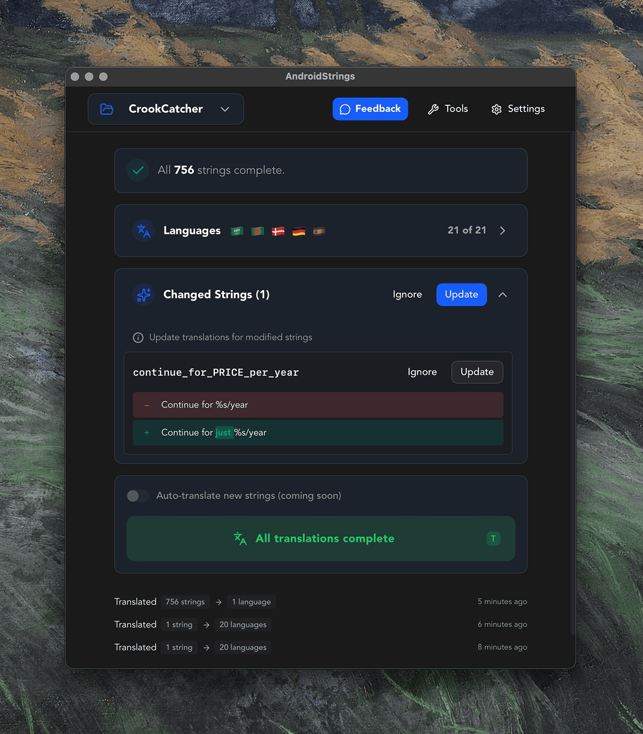 AndroidStrings app showing translation interface