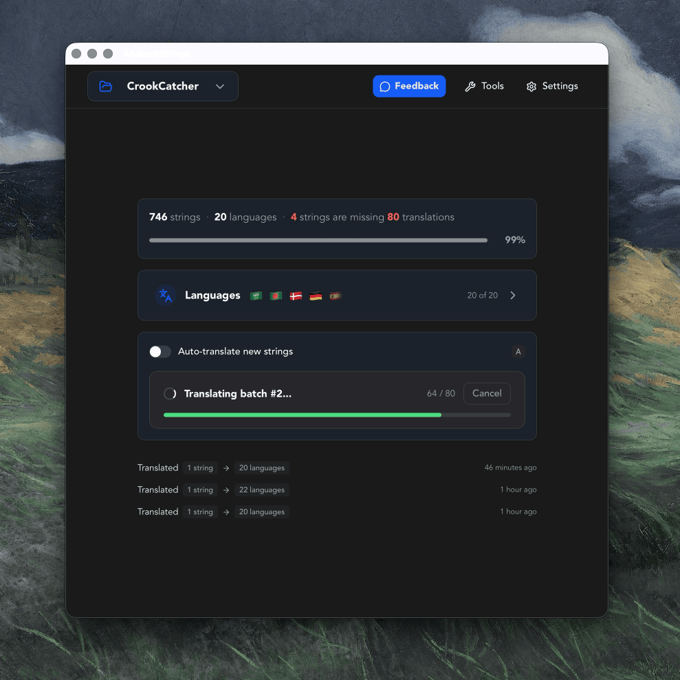 AndroidStrings app showing translation interface